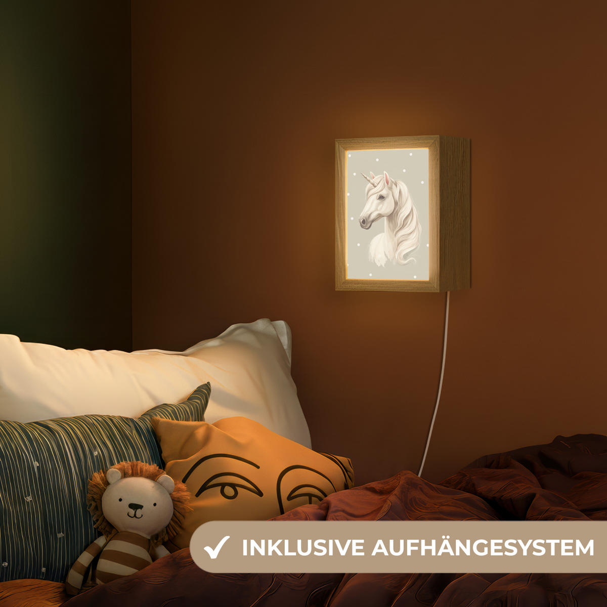 NACHTTISCHLAMPE Einhorn - Weiß - Punkte 15x20 cm - Taupe, Holzwerkstoff (8/15/20cm)