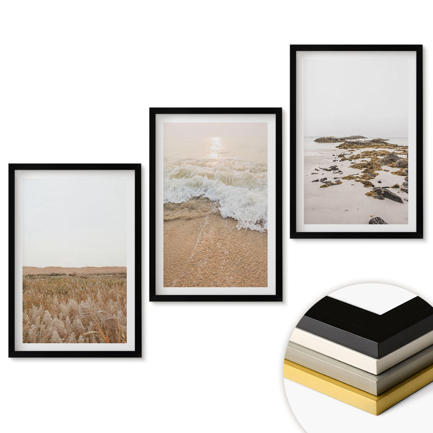 WANDBILDER 3er-Set - 40x60 cm Schwarzer Rahmen - Strandwellen, Steine, Sommer - Schwarz, Kunststoff (40/60cm) - ArtPrintCave