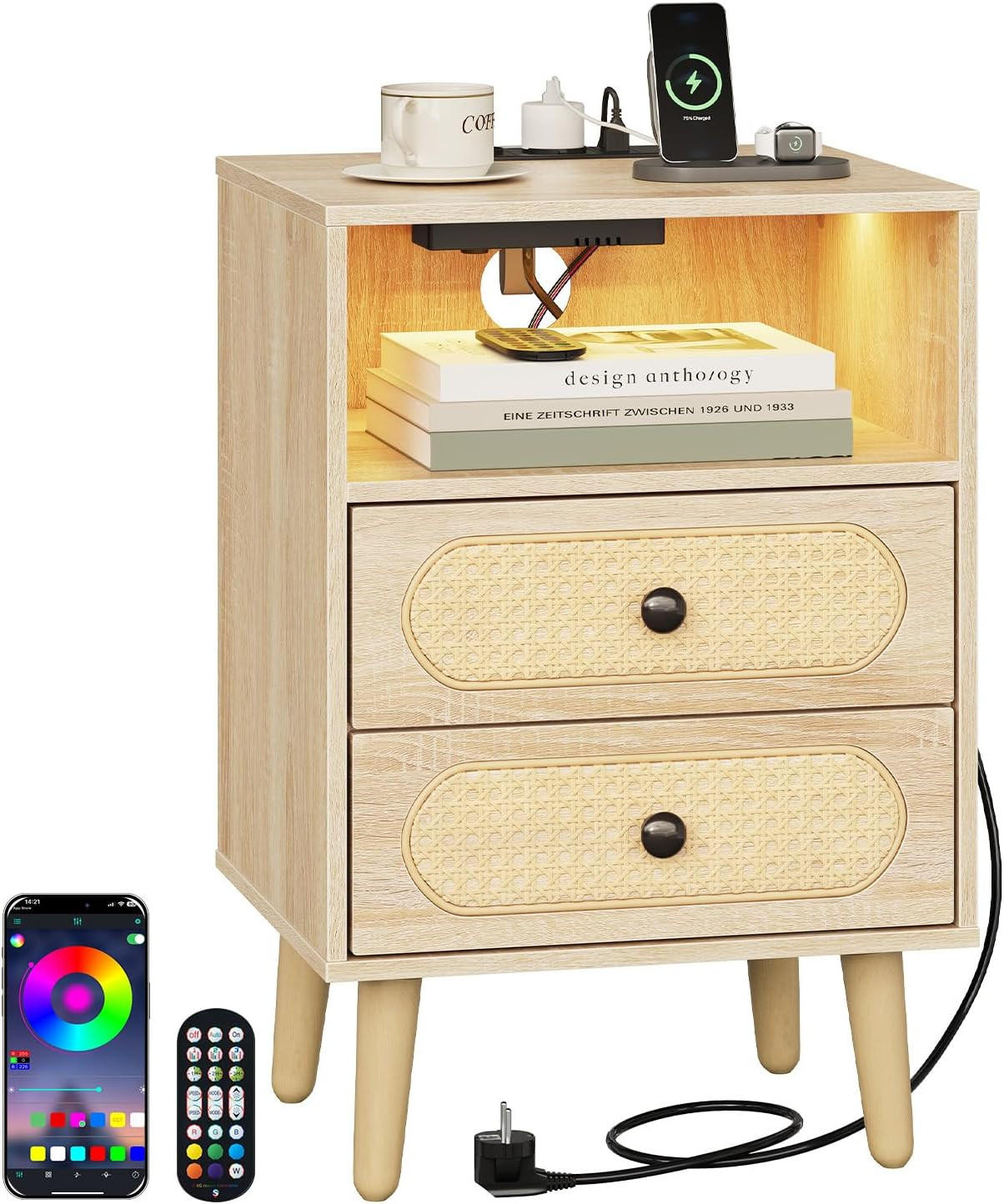NACHTSCHRANK 35/40/60 cm, Ladefunktion & LED, Eiche - Eichefarben, Holzwerkstoff (45/60/35cm) - Woltu