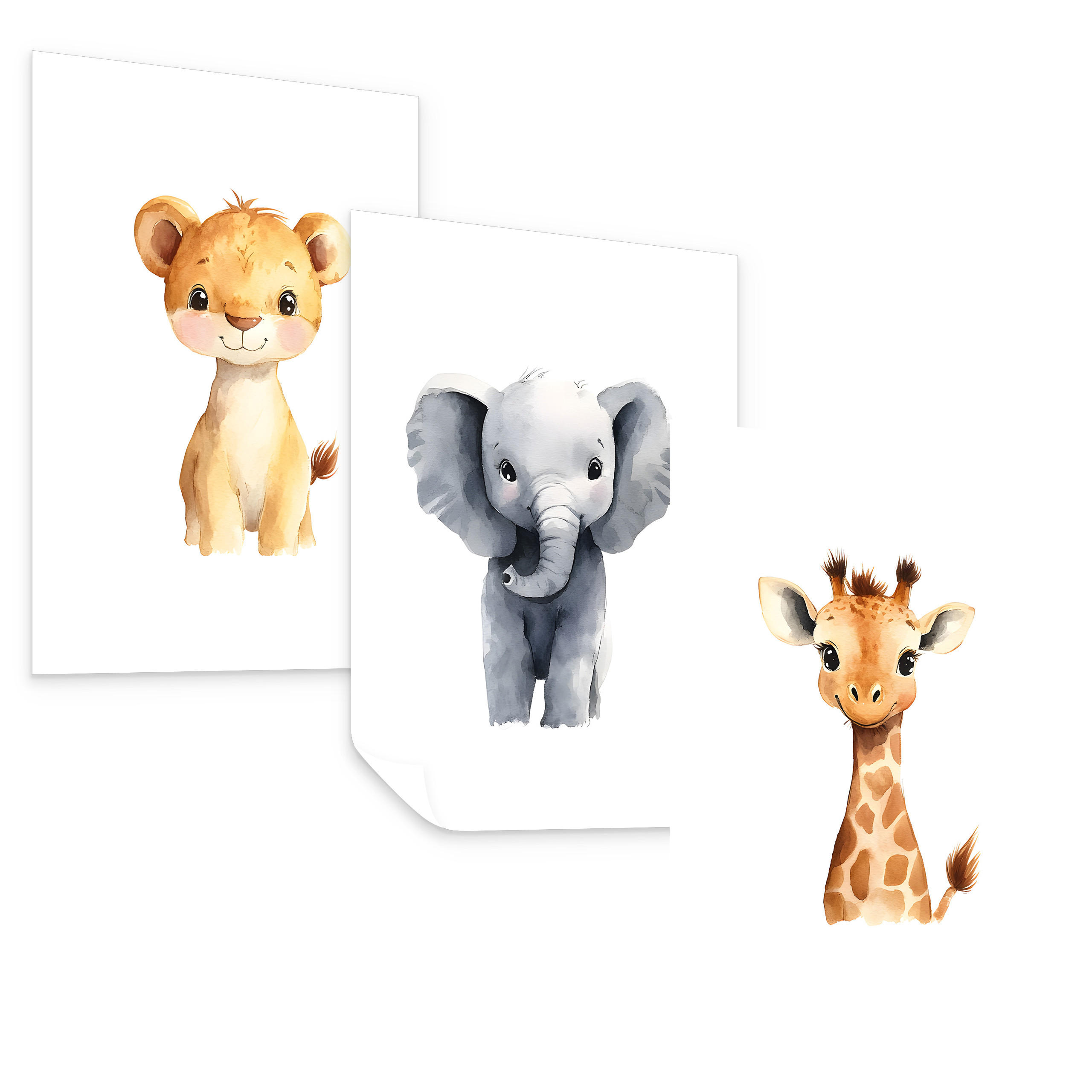 SADA PLAGÁTOV Do Detskej Izby DIVOKÉ ZVIERATÁ Lev Slon Žirafa 3x Plagát A4 21 x 30 cm - oranžová/žltá, papier (21/30/1cm) - Muralo