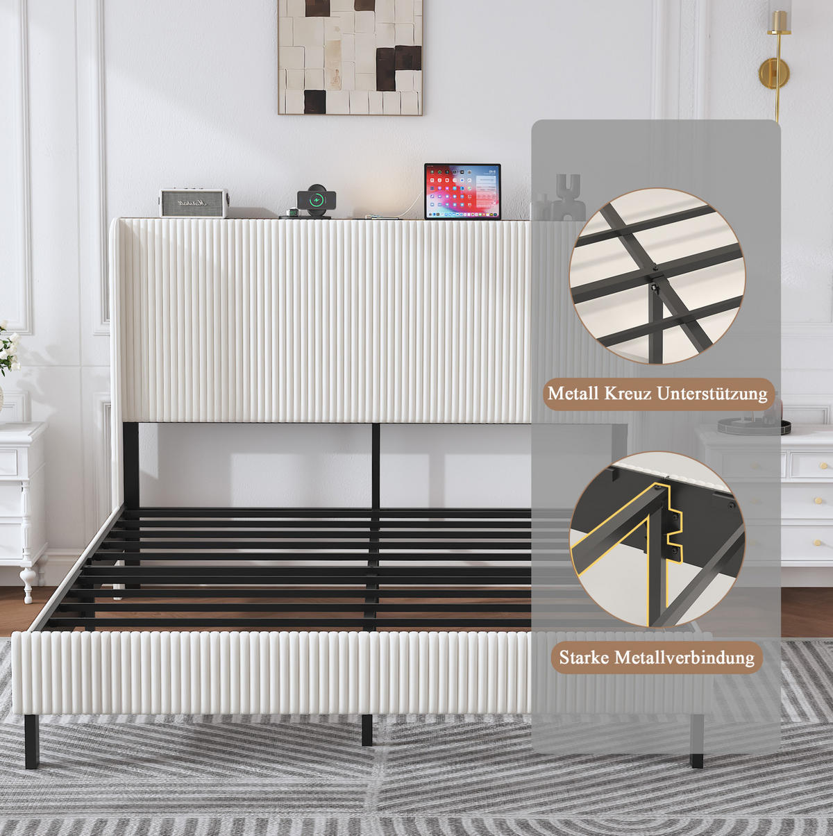 POLSTERBETT 160/200 cm mit geräuscharmem Metallrahmen und Cordbezug, Beige, Creme - Creme, Textil (160/200cm) - Redom