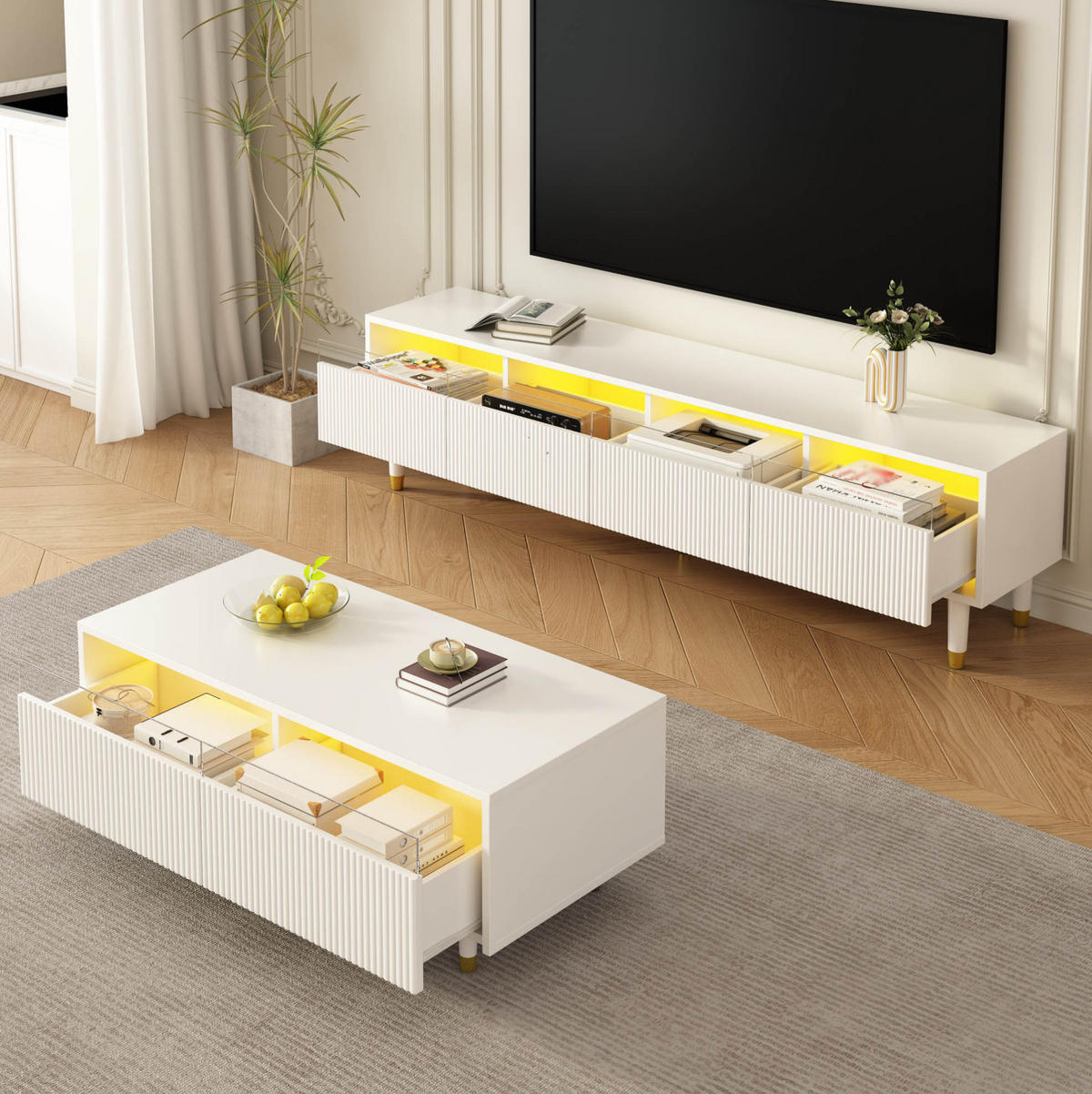 MODERNES LED-Möbelset, Couchtisch und TV-Schrank in Weiß 110/50/40 cm & 178/35/45 cm - Weiß, Holzwerkstoff (178/45/90cm) - Redom