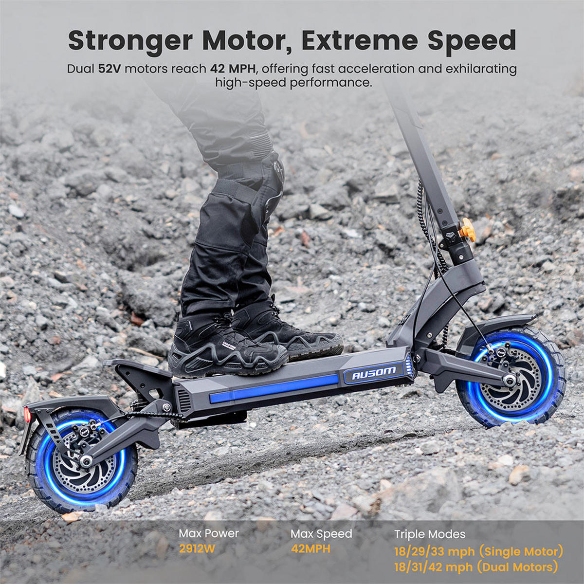 E-SCOOTER Ausom DT2 Pro – Dual-Motor-System mit 2×1100W, 68 km/h Höchstgeschwindigkeit & 115 km Reichweite - Grau, Metall (59cm) - Ausom