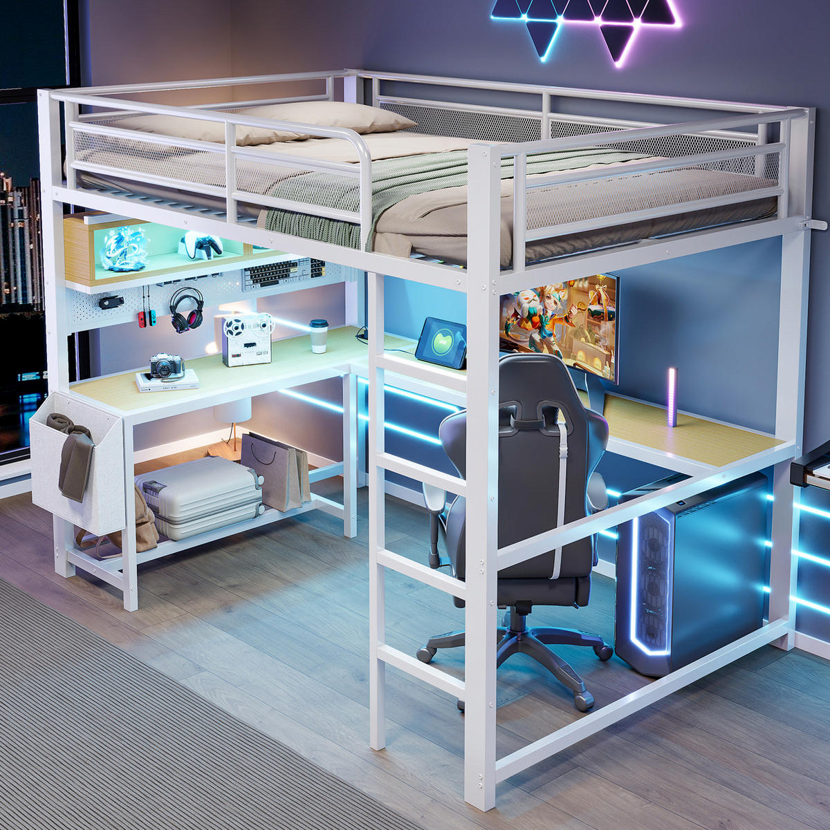 HOCHBETT 140/200 cm Weiß mit Schreibtisch, LED und USB - Weiß, Metall (140/200cm) - MIVRAY
