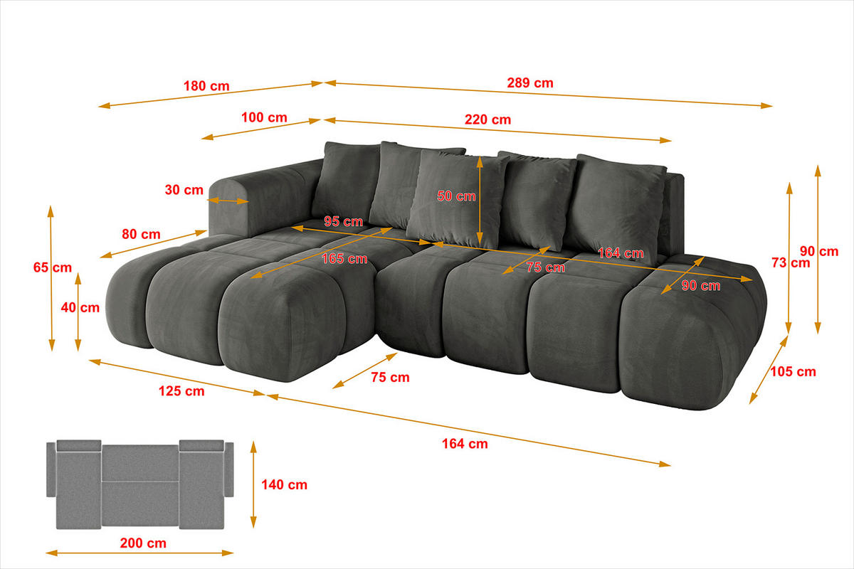 ECKSOFA Ottomane Links CLOUD-L-v1 289x180x40 Dunkelgrau Velours - Dunkelgrau, Holzwerkstoff/Kunststoff (180/289cm) - ALTDECOR