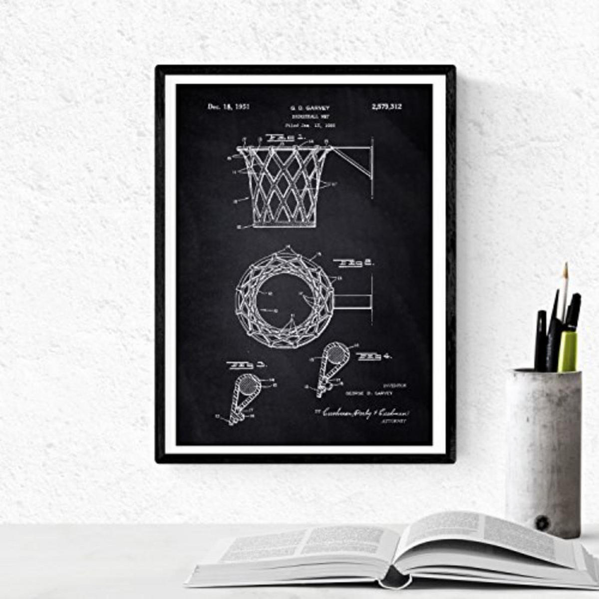 POSTER Set mit 4 Schwarz Patenten Basketball A4 Schwarzer Rahmen - Schwarz, Papier (29.7/3cm) - Nacnic