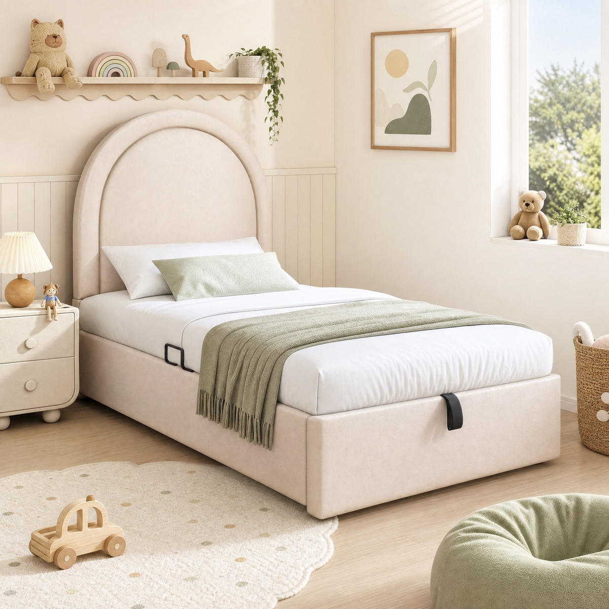POLSTERBETT 90/190 mit Bettkasten für Jungen & Mädchen in Beige - Beige, Holzwerkstoff/Textil (90/190cm) - EVRYAE