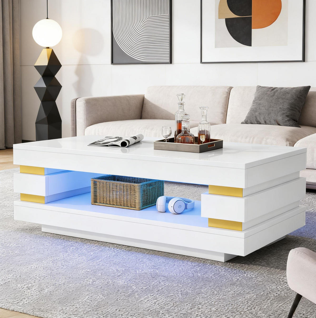 COUCHTISCH aus Spanplatte 100x50x35 cm in Weiß mit LED-Beleuchtung - Weiß, Holzwerkstoff (100/50/35cm) - Modfu