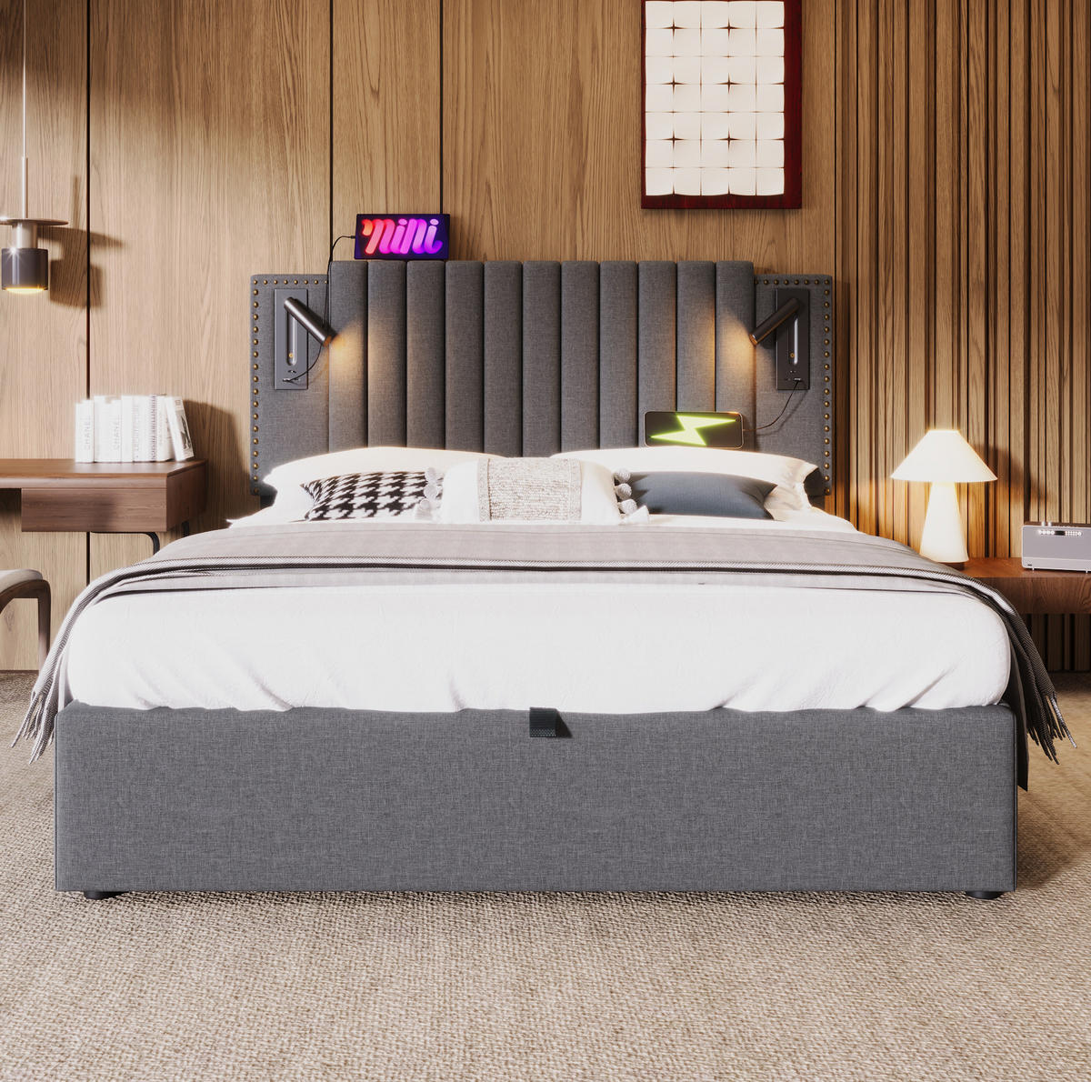ČALÚNENÁ posteľ 140/200 cm z bavlny, sivá, s úložným priestorom, čítacím svetlom a USB - sivá, textil (140/200cm) - BEAOK