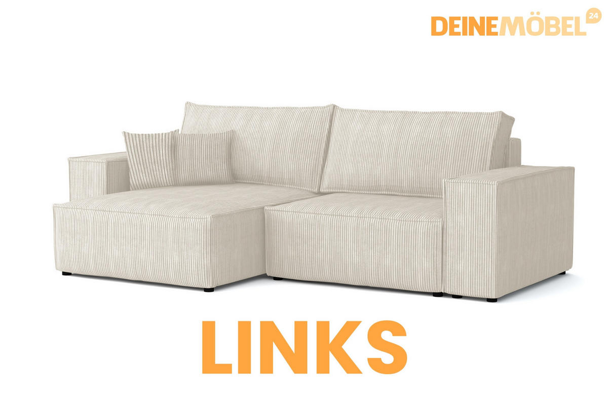 ECKSOFA MATT 255/153 cm links in Cord Creme - Creme/Schwarz, Holz/Holzwerkstoff (255/153cm) - Deine Möbel 24