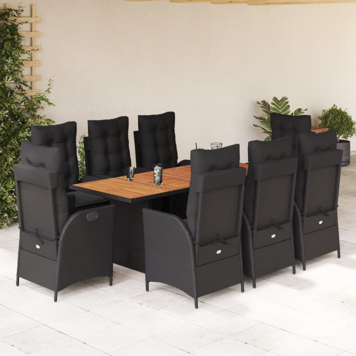 GARTEN-ESSGRUPPE 9Er Set Mit Kissen Schwarz Poly Rattan - Schwarz, Kunststoff - vidaXL