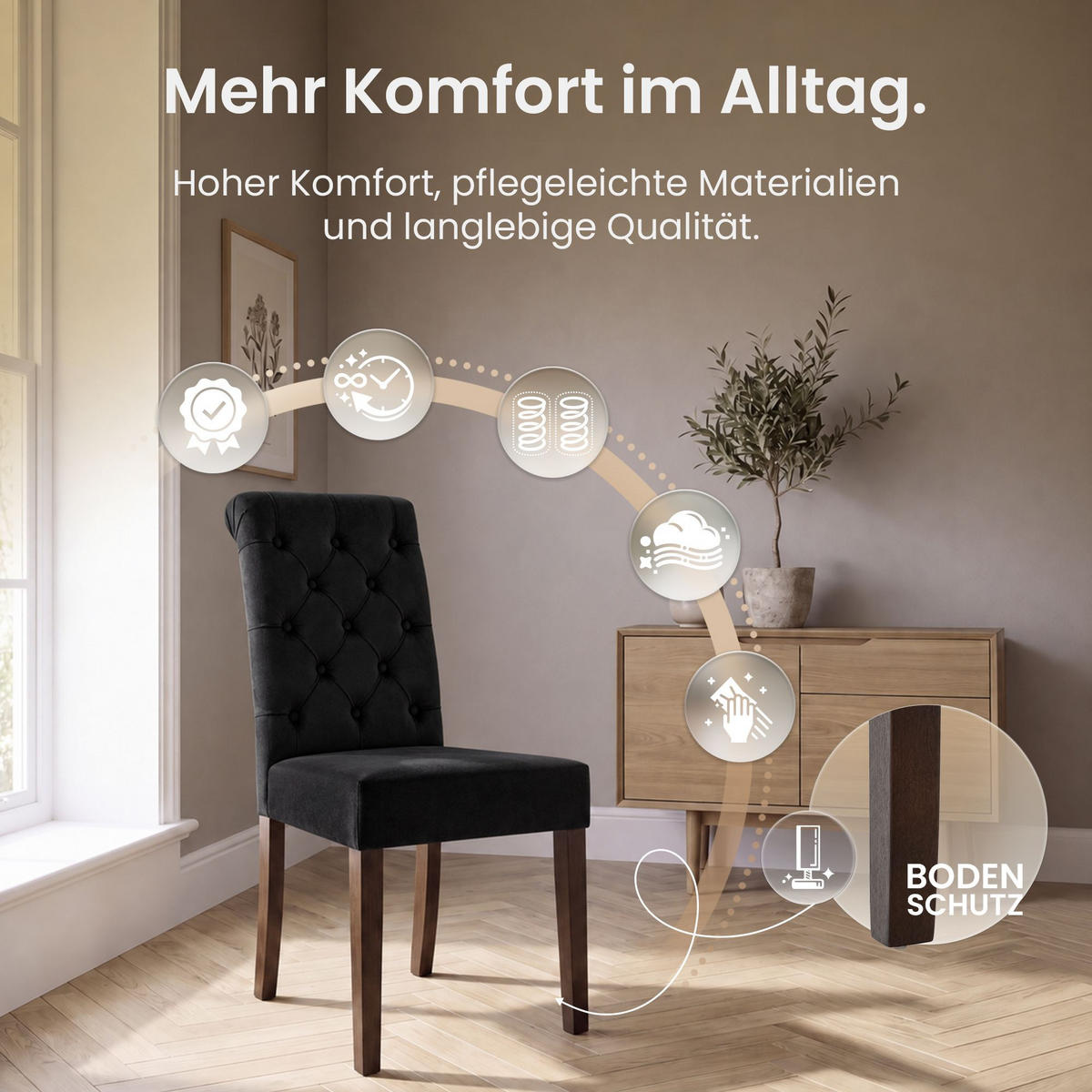 STUHL 2er Set Samt schwarz - Walnussfarben/Schwarz, Holz/Textil (45/98/63cm) - CLP