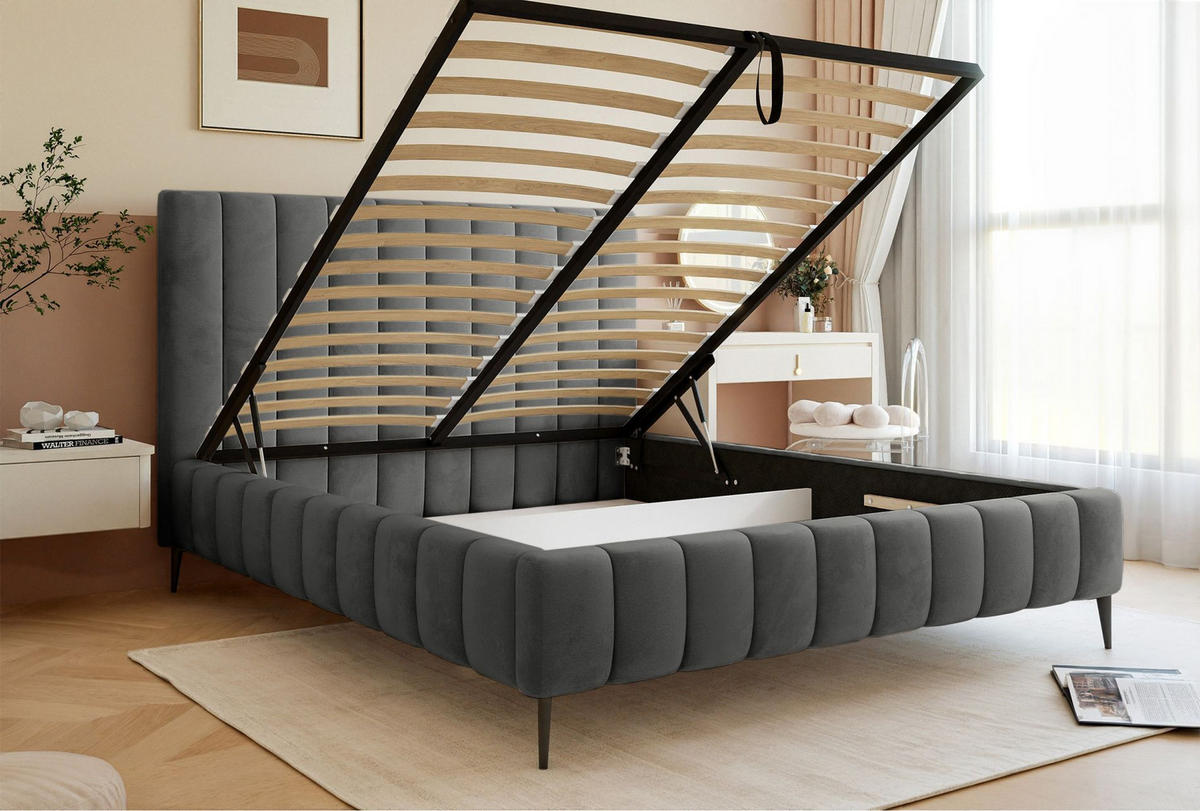 POLSTERBETT Fiarro mit Metallfüßen, Grau, Velours, 180x200 cm - Grau, Textil/Metall (180/200cm) - Selsey