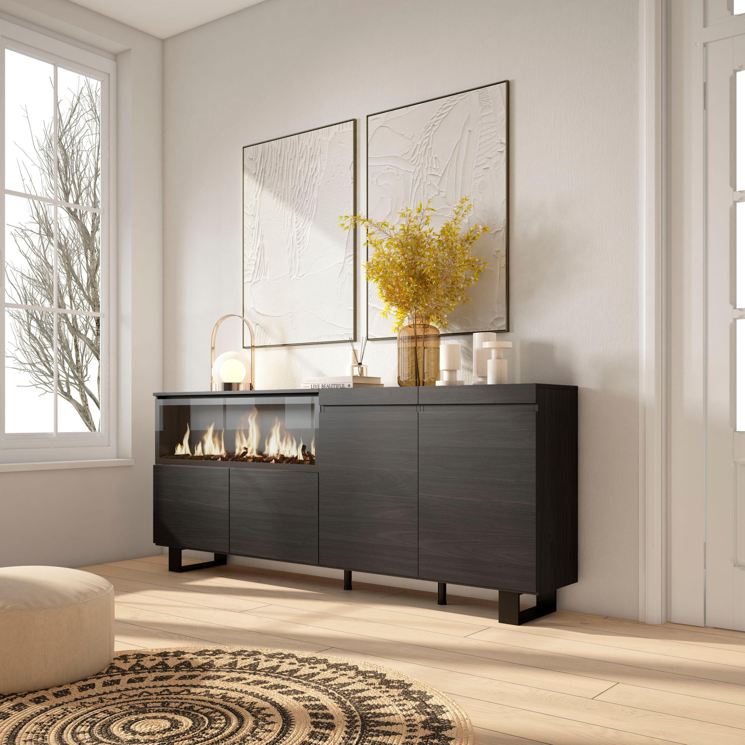 SIDEBOARD Highboard, Elektrokamin XXL, schwarz, 208/35/87cm - Schwarz, Holzwerkstoff (208/87/35cm) - Skraut Home