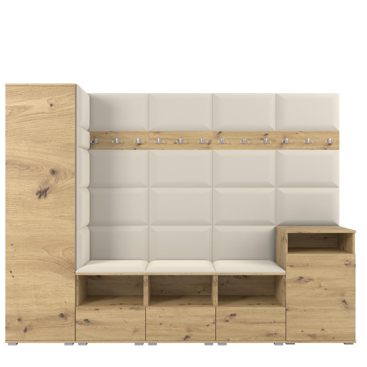 GARDEROBE NELA XI 250 cm (Modulare Flurmöbel Artisan Eiche mit Sitzpolster Creme 01 Großes Set) - Silberfarben/Creme, Holz/Holzwerkstoff (250/187/40cm) - Ravio