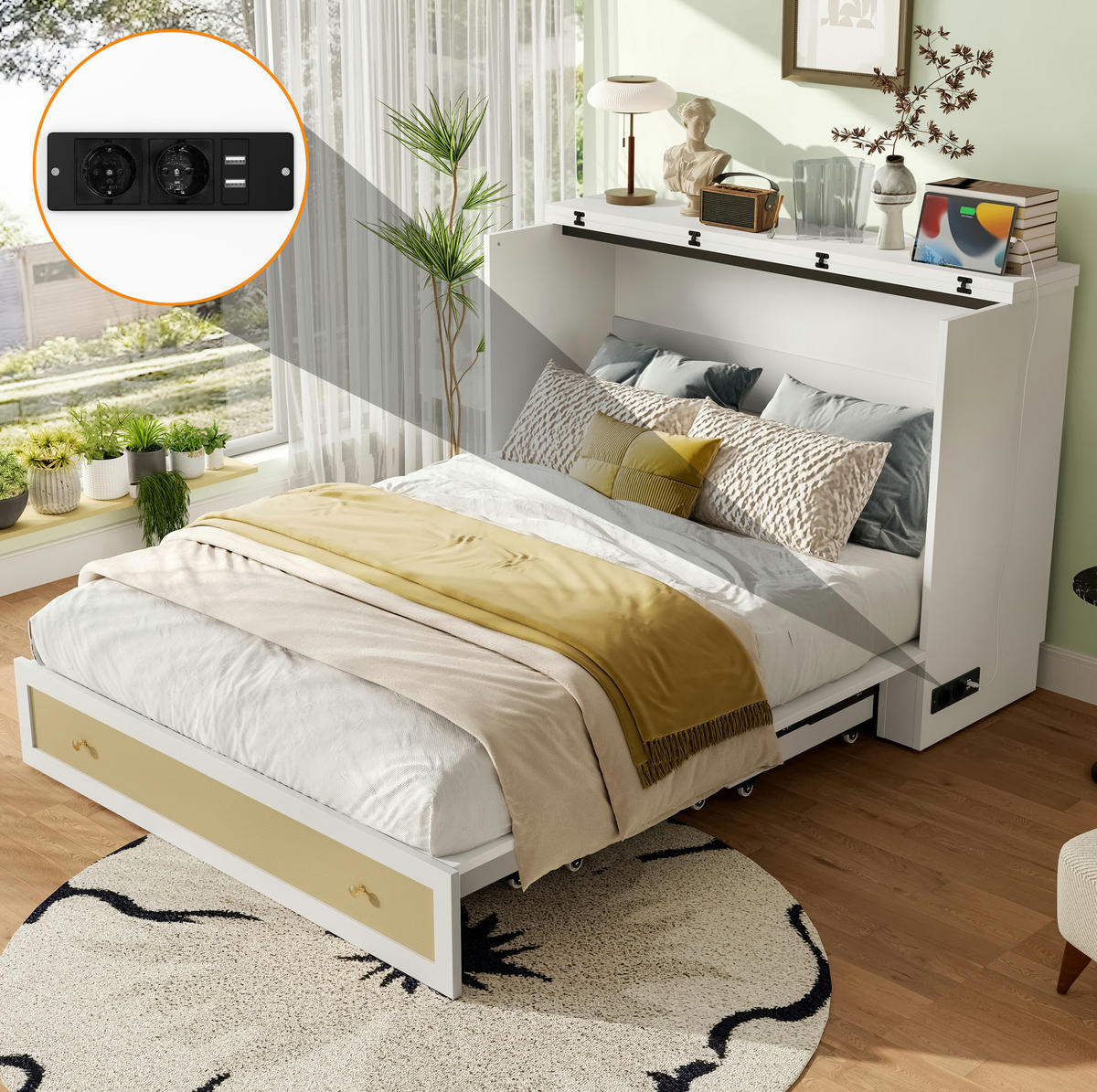 BETT 140/200 cm Weiß aus MDF mit USB und Steckdose - Weiß, Holzwerkstoff (140/200cm) - OKMYHOME
