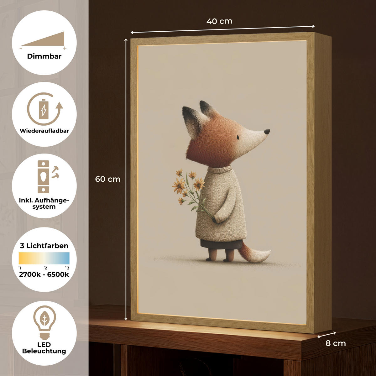 NÁSTĚNNÁ LAMPA S AKUMULÁTOREM Liška - Žluté květy - Minimalistický 40x60 cm - šedohnědá, kompozitní dřevo (40/60/8cm) - OnlyWow