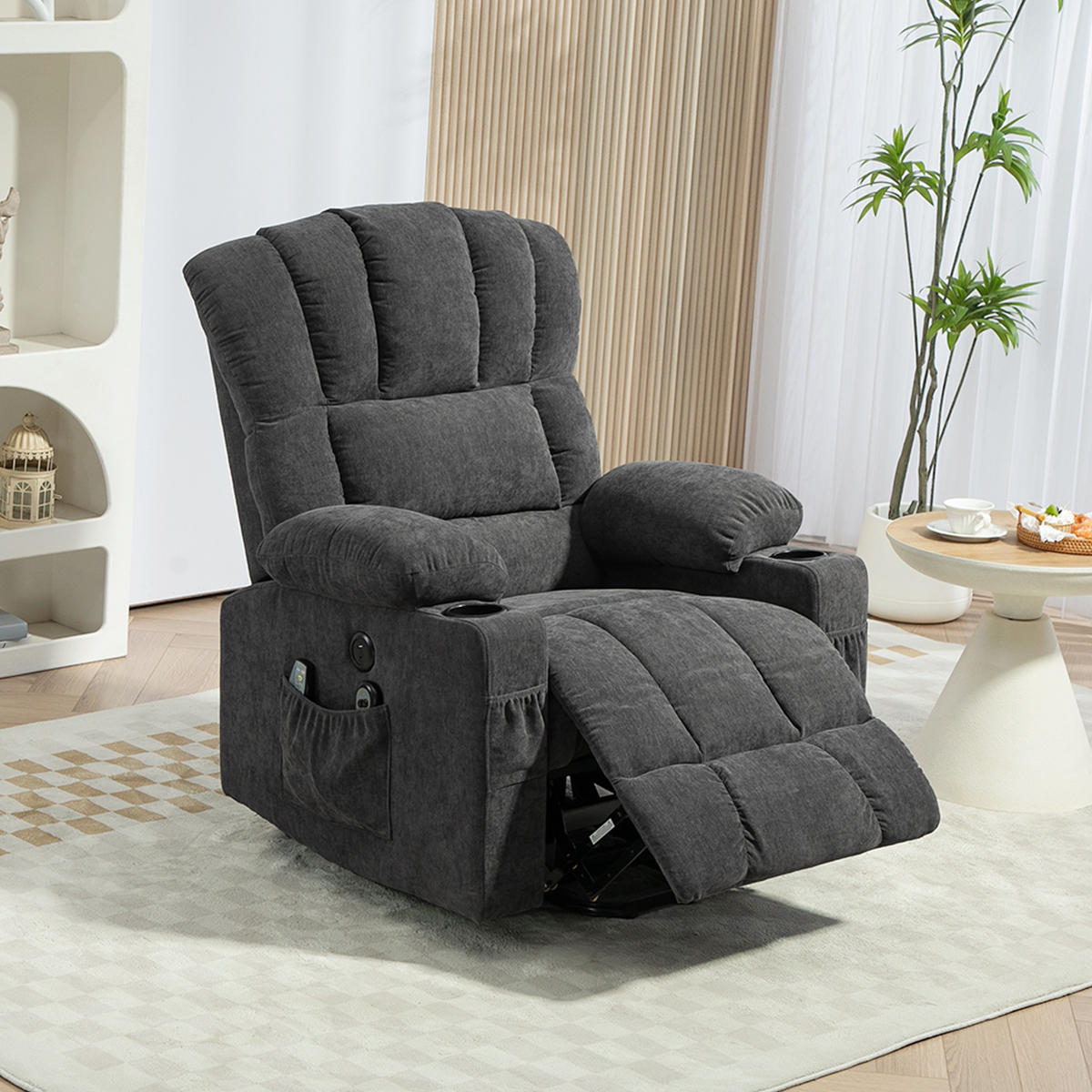 FERNSEHSESSEL mit Aufstehhilfe Relaxsessel mit Liege-, Heiz- und Massagefunktion - Dunkelgrau/Schwarz, Textil/Metall (91/110/93cm) - HOMCOM