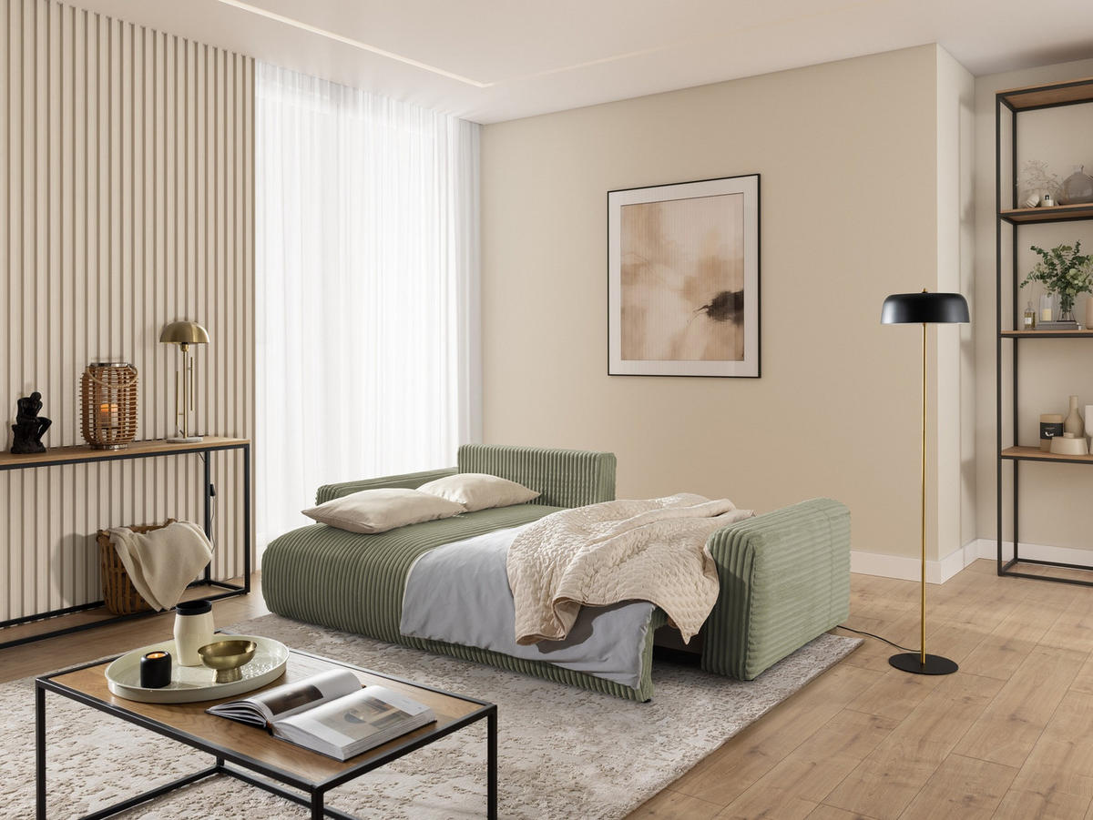 ECKSOFA Calma mit Schlaffunktion und Bettkasten im Bumpy-Design aus weichem Olive Plüschcord - Ottomane links - Schwarz/Grün, Holz/Kunststoff (239/140cm) - S-Style