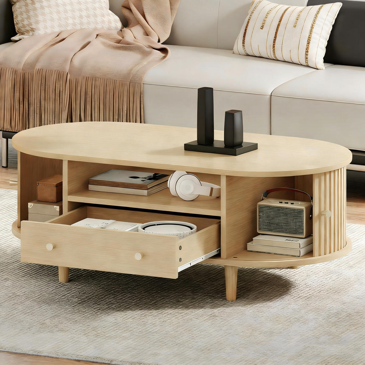COUCHTISCH Eiche-Optik mit Schublade und Rolltür 100/50/36 cm - Eichefarben, Holzwerkstoff (50/100/36cm) - PANGIVO