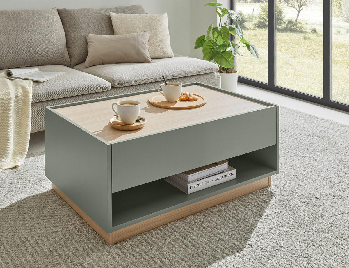 COUCHTISCH in Salbei Grün und Eiche, Wohnzimmertisch mit Schubkasten, 90 x 60 cm - Salbeigrün/Eichefarben, Holz/Holzwerkstoff (60/90/38cm) - Furn.Design