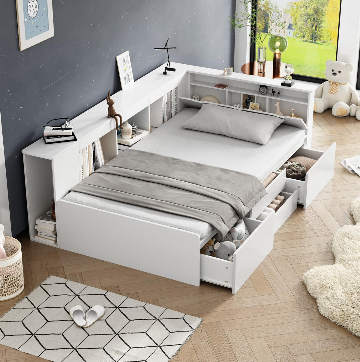 KINDERBETT 90/200 cm mit 4 Schubladen, Bücherregal und Stauraumschrank, Weiß - Weiß, Holzwerkstoff (90/200cm) - Redom