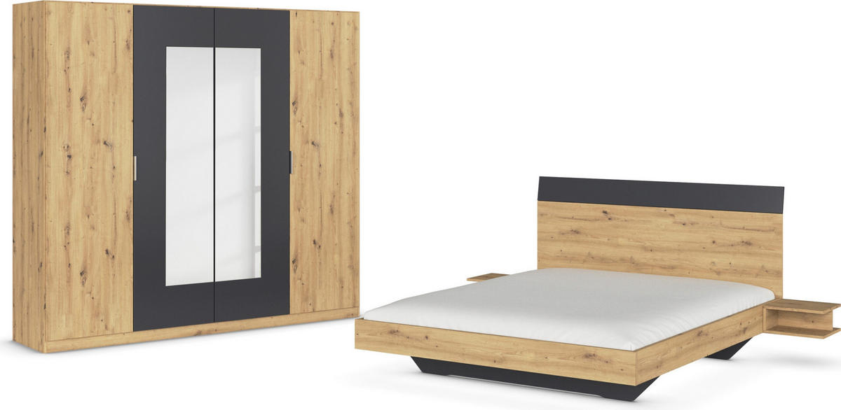SCHLAFZIMMER Monza in Eiche Artisan und Grau Metallic mit Bettanlage 160x200cm, 2 Nachttischen und Drehtürenkleiderschrank 4türig mit Spiegel - Braun, Holzwerkstoff (80/200/120cm)