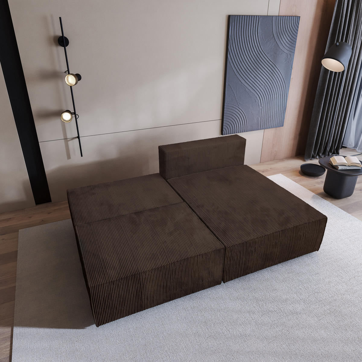 ECKSOFA FIORO P Braun Kordstoff mit Schlaffunktion - Braun, Holz (204/148cm) - MASSENO