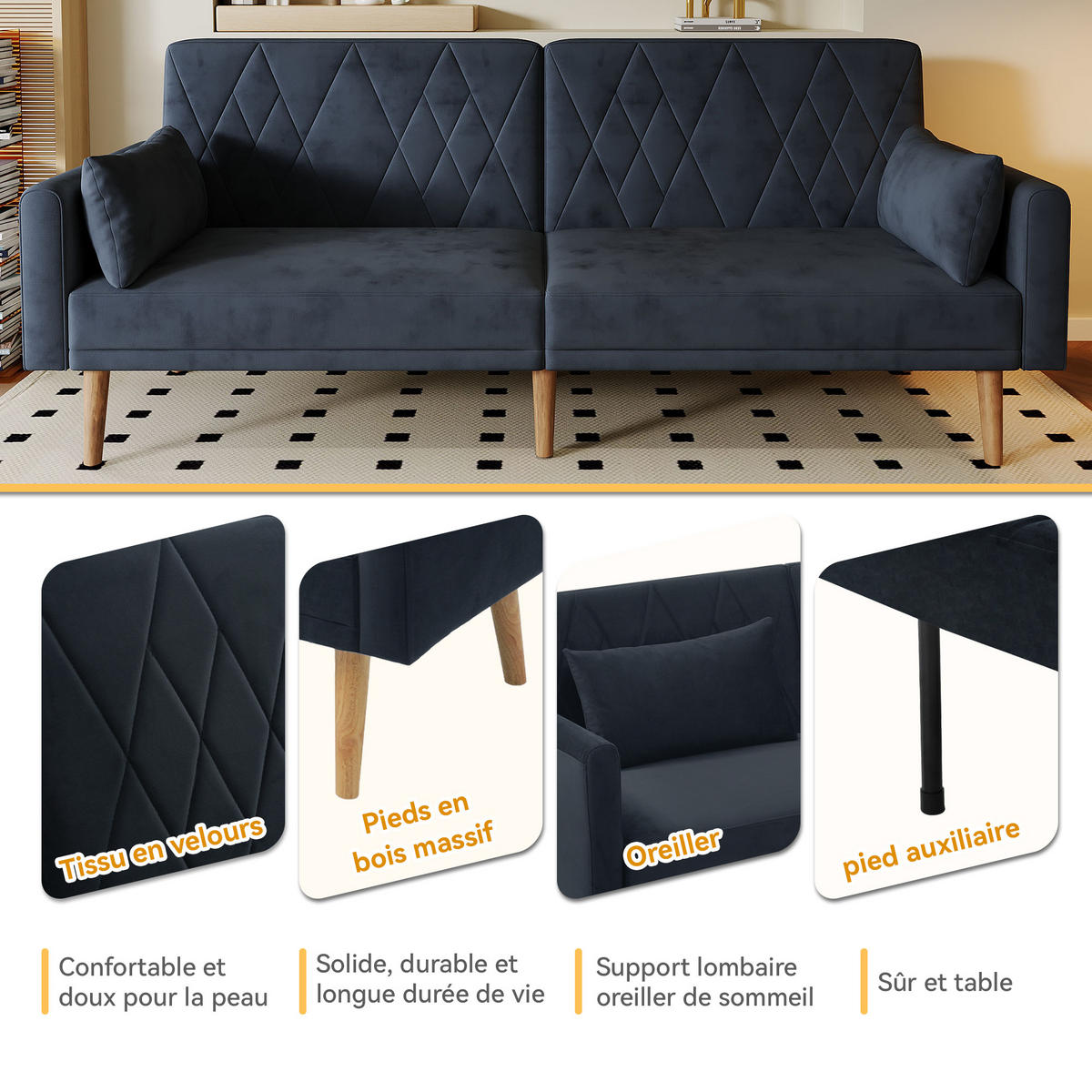 SCHLAFSOFA 2-Sitzer mit Schlaffunktion und Samtstoff - Schwarz, Textil (180/82/75cm)