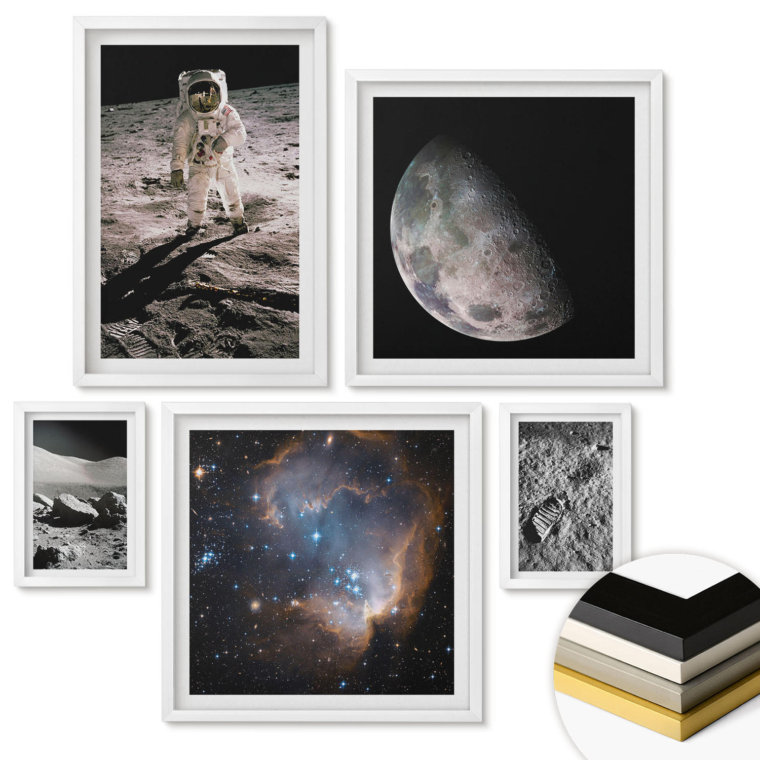 WANDBILDER 5er-Set - 50x50 cm & 20x30 cm & 40x60 cm Weißer Rahmen - Astronautenfoto vom Mond - Weiß, Kunststoff (40/60cm) - ArtPrintCave