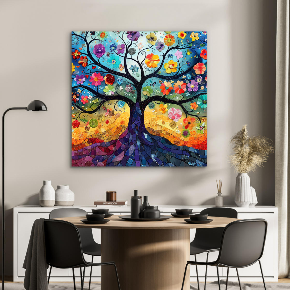 KOVOVÝ OBRAZ Umenie - Strom života - Kvety - Hippie 90x90 cm - tmavomodrá, kov (90/90cm) - MuchoWow