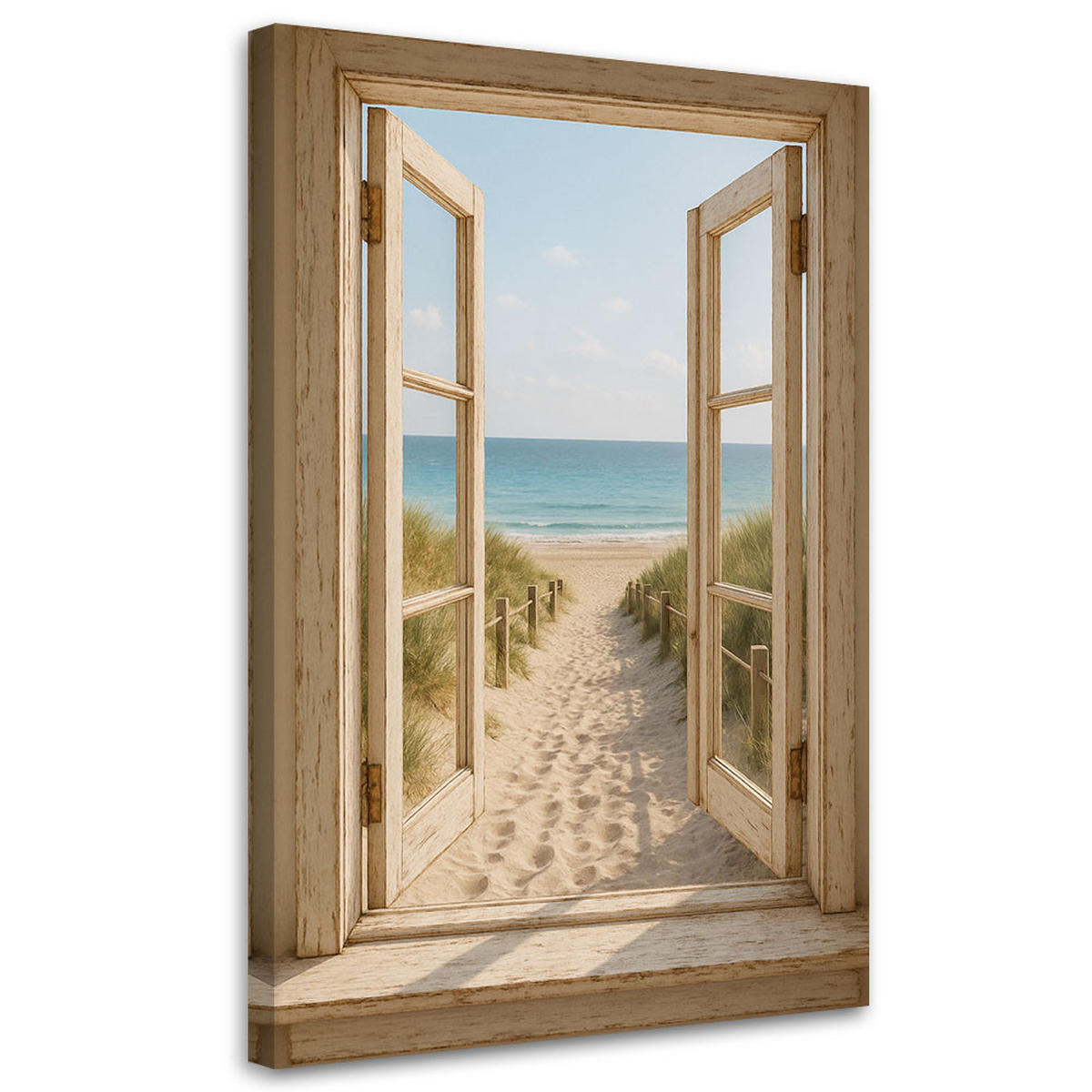 LEINWANDBILD Blick aus einem Fenster auf den Strand 80x120cm - Beige, Textil (80/120cm) - Feeby