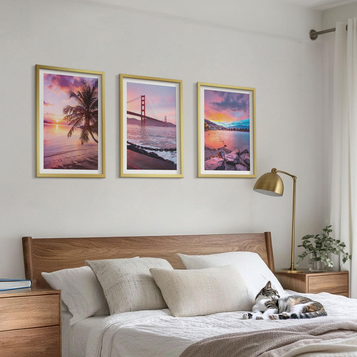 BILDER SET 3er Set - 40x60 cm Goldrahmen - Sonnenuntergangsbrücke Landschaft - Goldfarben, Kunststoff (40/60cm) - TULUP