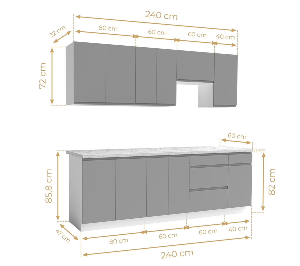 KÜCHENLEERBLOCK Aquileia 240 cm Grau mit Weißem Korpus mit Arbeitsplatte Marmor Bianco - Hellgrau/Grau, Holzwerkstoff (240/157.8/60cm) - AX Living