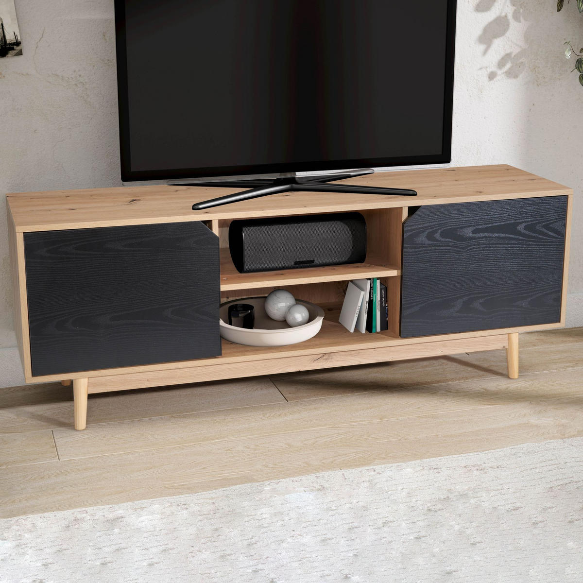TV-LOWBOARD mit Eiche-Dekor, 2 Türen, modern, Braun-Schwarz 150x40x55 cm - Eichefarben/Braun, Holz (150/55/40cm) - KADIMA DESIGN