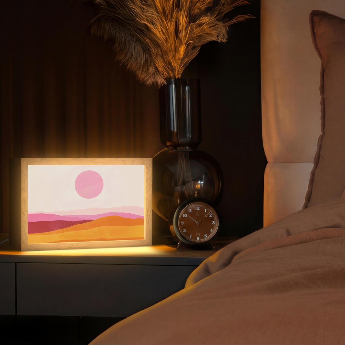 STOLNÍ LAMPA Kopce - oranžová - slunce - abstraktní 30x20 cm - chromová, kompozitní dřevo (8/30/20cm) - OnlyWow
