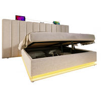 POLSTERBETT 180/200 cm mit LED-Beleuchtung, USB-C und hydraulischem Stauraum aus Leinen, Beige - Beige, Textil (180/200cm) - Redom