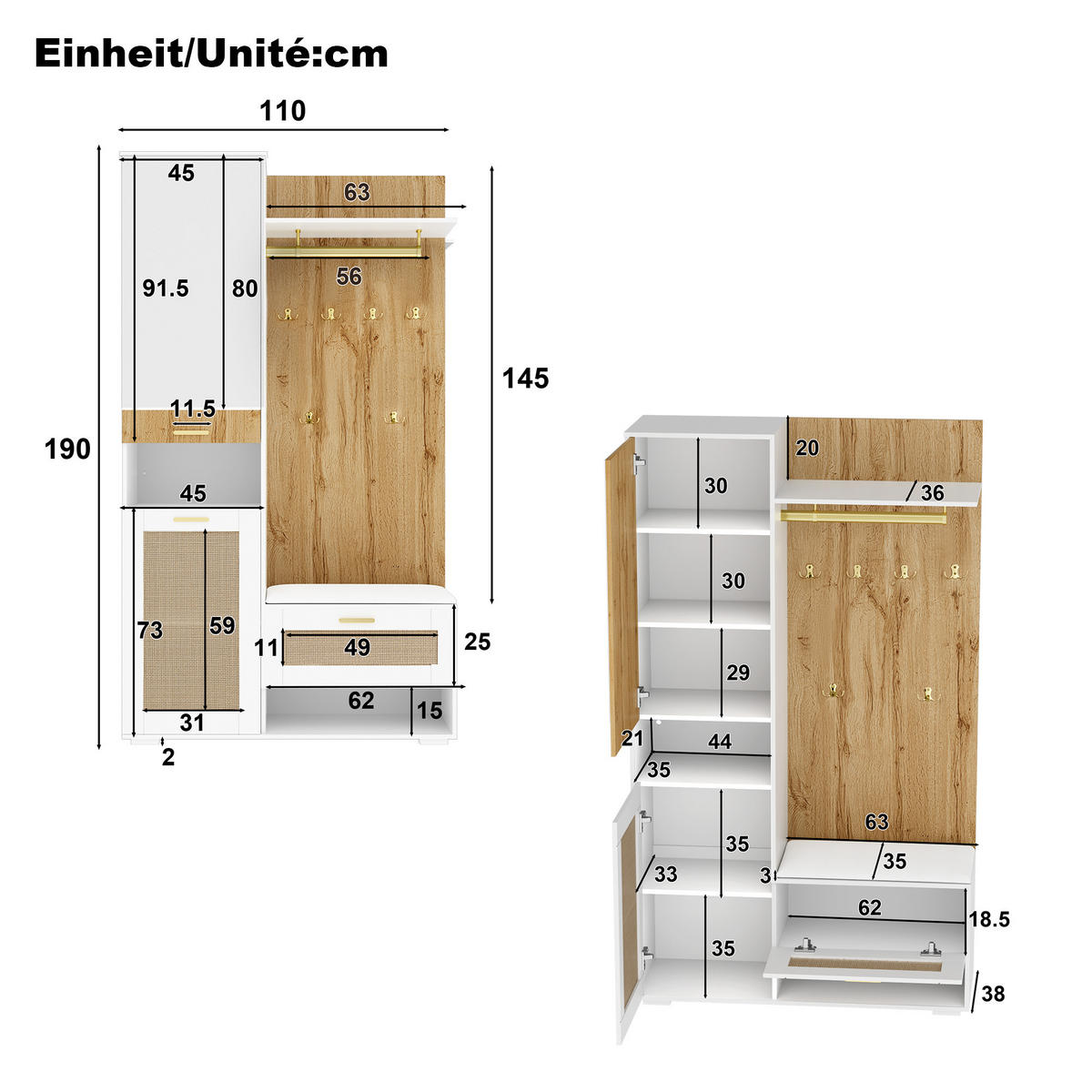 GARDEROBEN-SET 110 cm in Weiß/Holz mit Spiegel Rattan-Optik - Naturfarben, Holzwerkstoff (110/190/38cm) - Urban Meuble