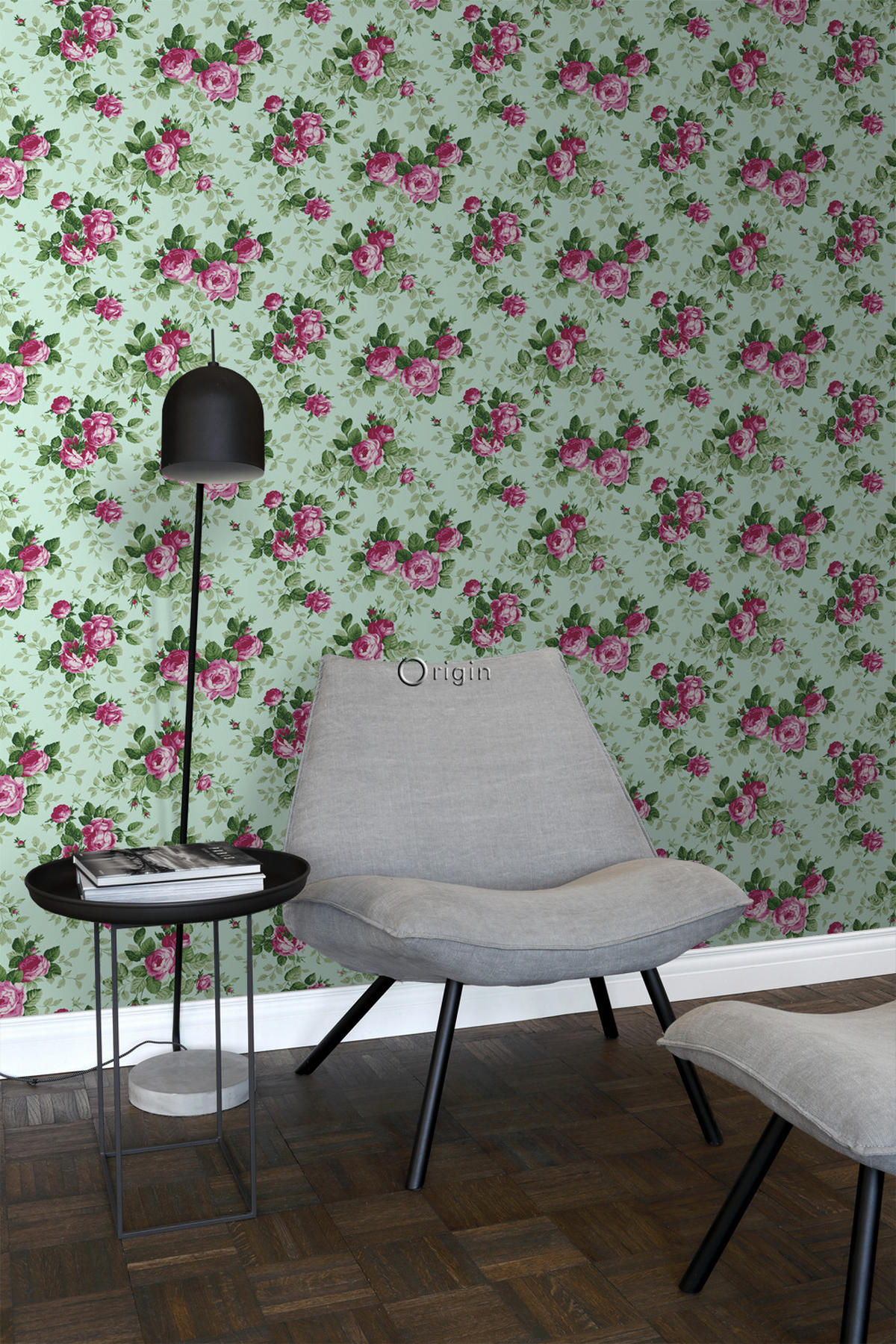 TAPETE Rosen 53 cm x 10.05 m - Grün, Papier (53/1000cm) - Origin Wallcoverings