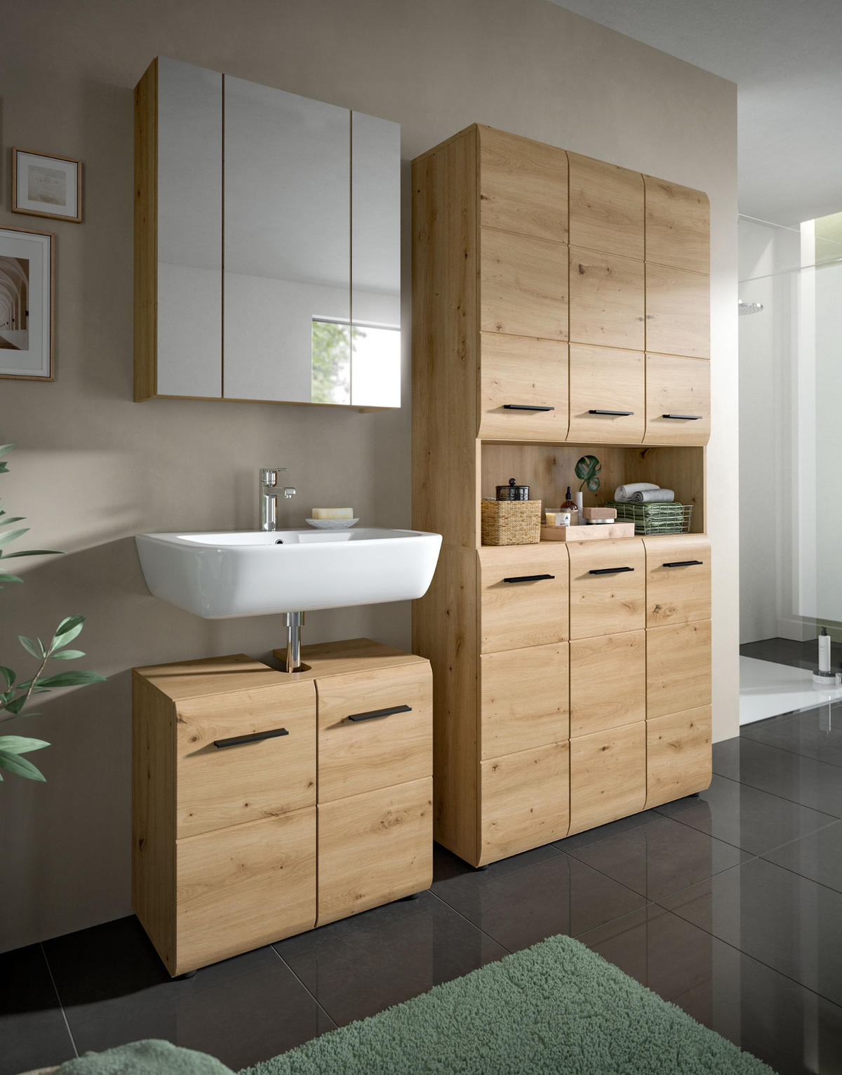 BADMÖBEL-SET 3-teilig in Artisan Eiche, Badkombination 165 x 185 cm, Cover - Eichefarben/Schwarz, Glas/Holzwerkstoff (165/185/30cm) - Inn.Furn