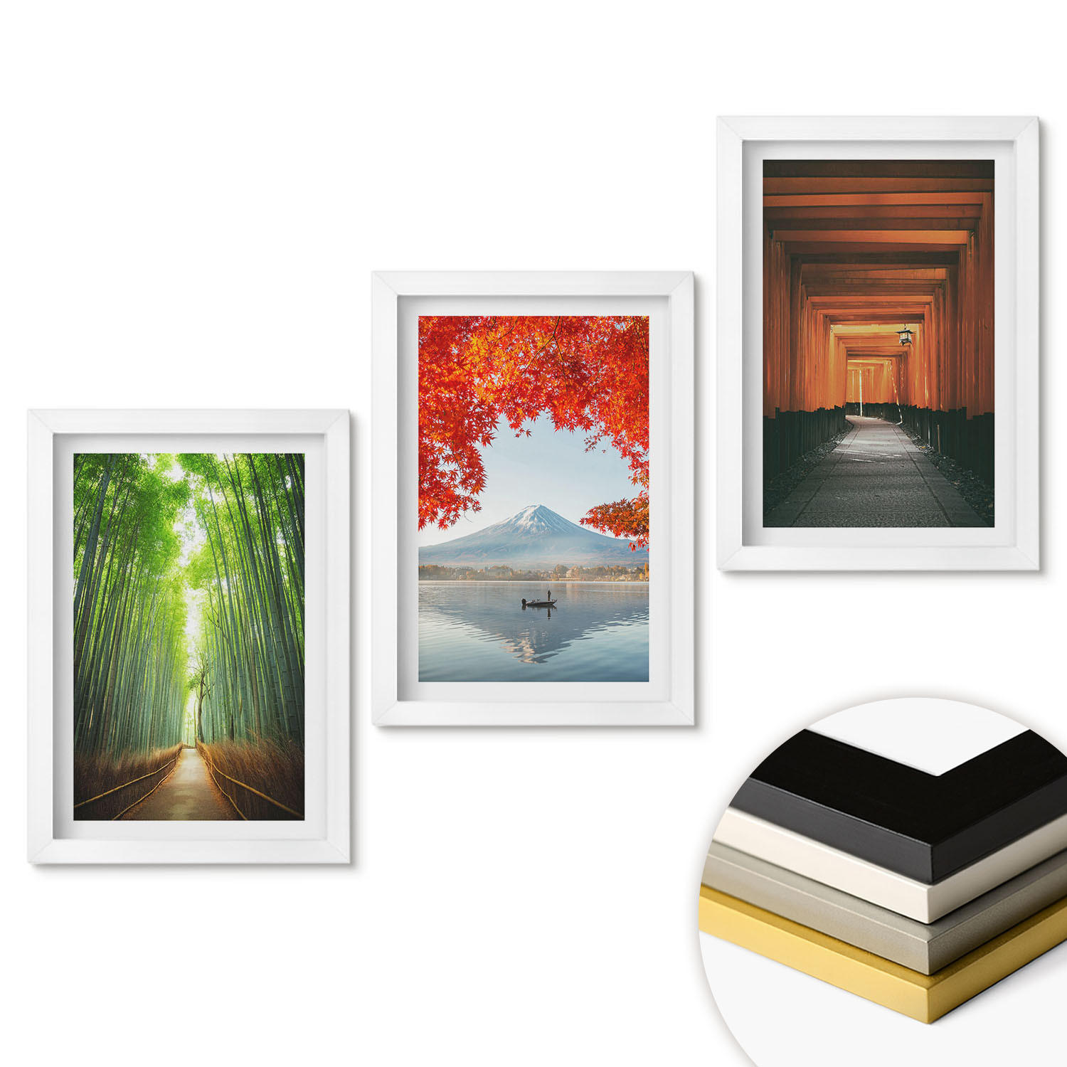 WANDBILDER 3er-Set - 20x30 cm Weißer Rahmen - Fuji-Bambuswaldlandschaft - Weiß, Kunststoff (20/30cm) - ArtPrintCave