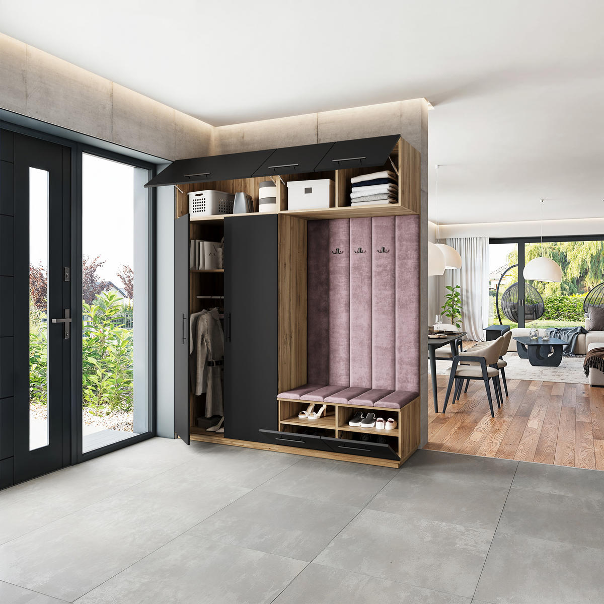 GARDEROBENSCHRANK REMA 200/240/60 cm Modern Garderobe-Set Eiche Wotan - Eiche Wotan/Lila, Holzwerkstoff (200/240/60cm) - MASSENO