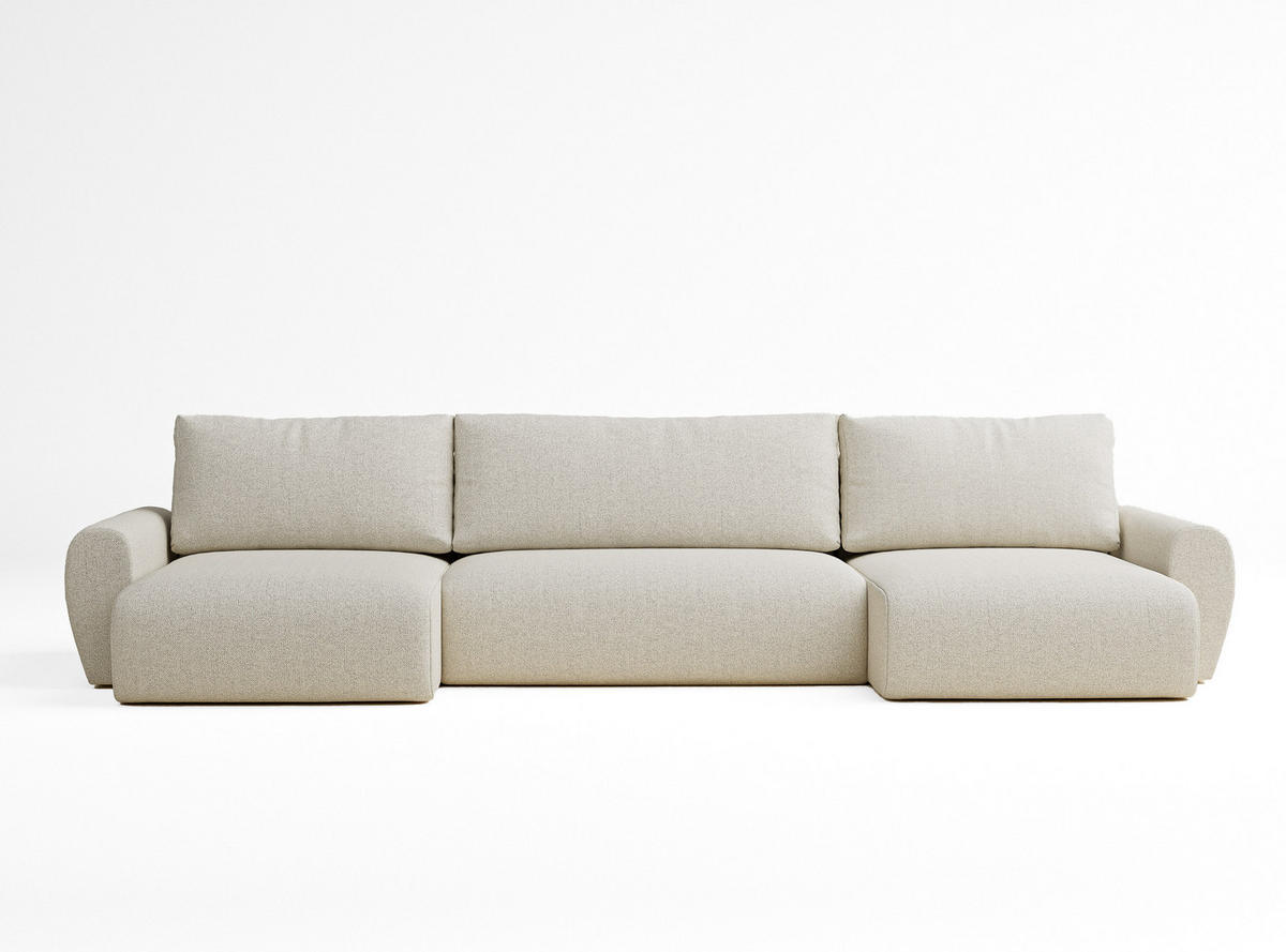 WOHNLANDSCHAFT MIT SCHLAFFUNKTION Numba Creme Webstoff - Creme/Schwarz, Holz/Holzwerkstoff (397/70/153cm) - Maison de Reve