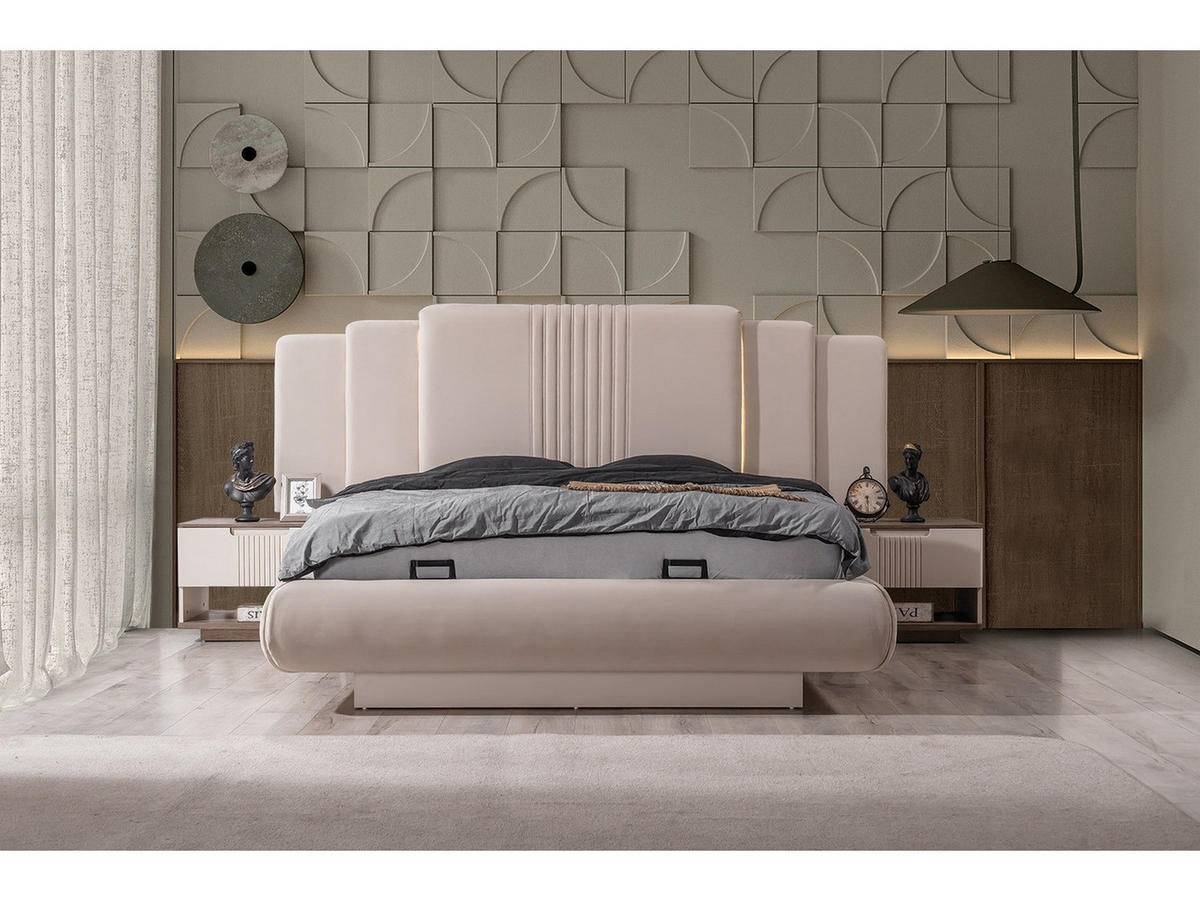 BETTANLAGE SANTO Schlafzimmer-Set, 4-teilig, Beige, Bett mit Kopfteil, 2 Nachttische und Kommode - Beige, Leder/Holzwerkstoff (160/200cm) - Villa Möbel