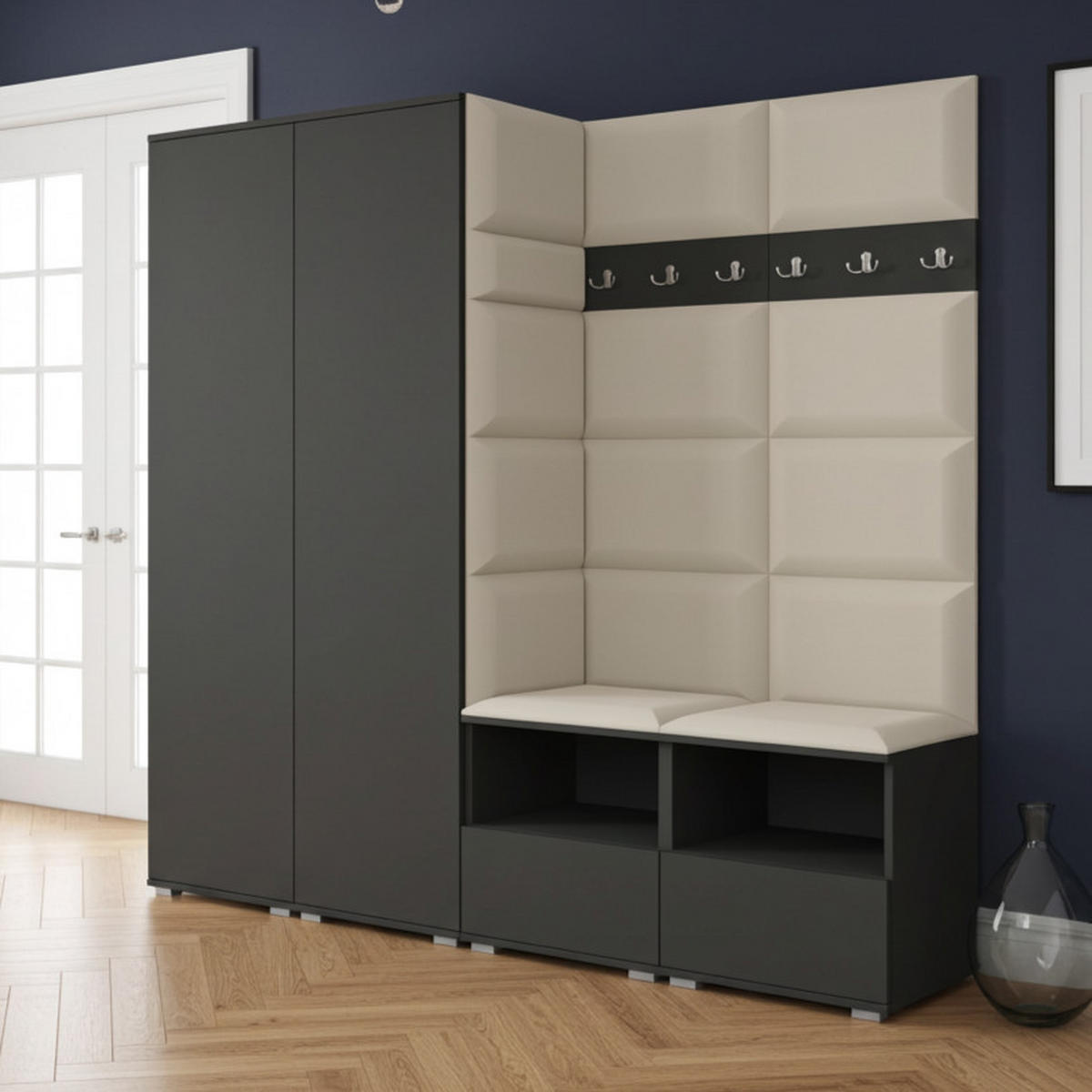 GARDEROBE NELA VI 200 cm (Kompaktgarderobe Graphit mit Sitzpolster Creme 01 Schrank & Paneel) - Silberfarben/Creme, Holz/Holzwerkstoff (200/187/40cm) - Ravio