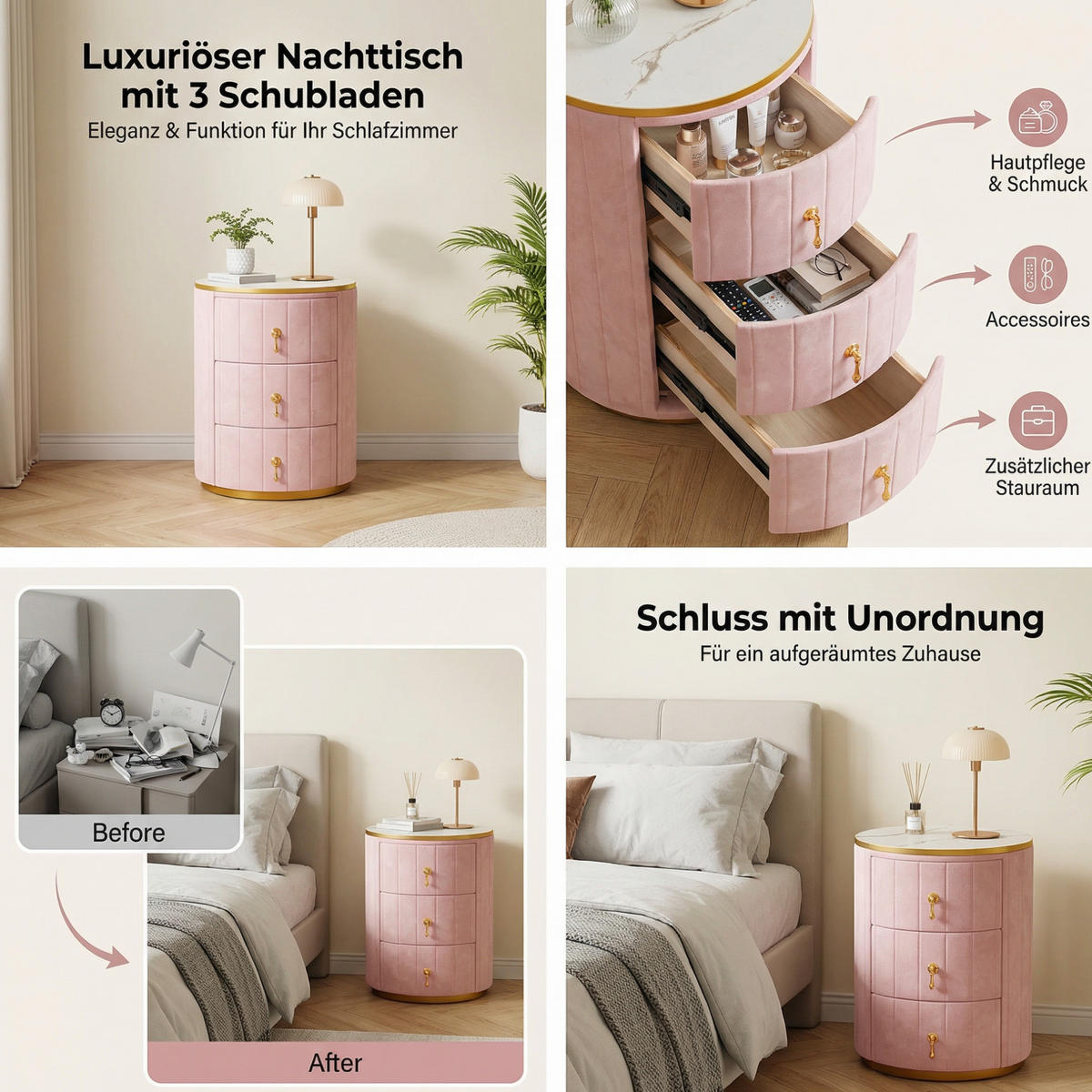 NACHTTISCH aus MDF 40x40x52,5 cm Rosé mit 3 Schubladen, Samtbezug und Marmoroptik - Rosa, Holzwerkstoff (40/52.5/40cm) - Modfu