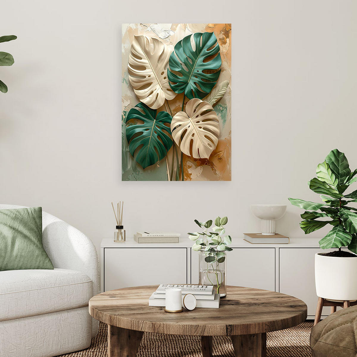 BILD auf Leinwand, Exotische Monstera-Blätter in Grün- und Cremetönen - Grün, Textil (80/120cm) - Feeby