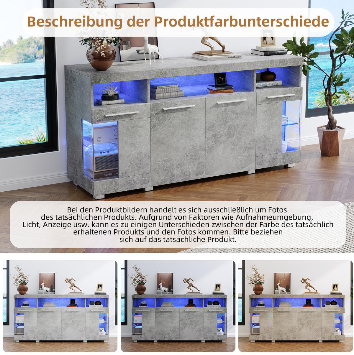 SIDEBOARD 140/40/70 cm mit LED-Beleuchtung, 3 Schubladen und Glastüren aus gehärtetem Glas, Zementgrau - Grau, Holzwerkstoff (140/70/40cm) - Redom