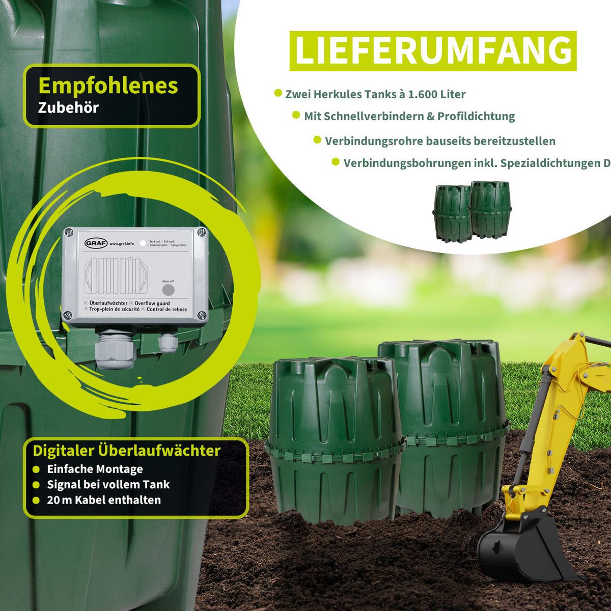 REGENWASSERTANK-SET 3200 L - Grün, Kunststoff (135/160/135cm) - 4rain