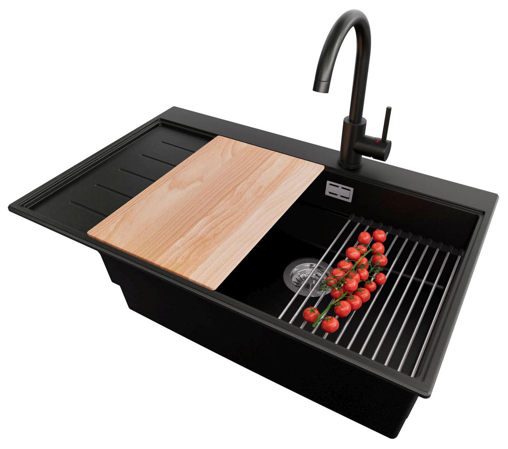 GRANITSPÜLE Sydney, 2-er set Schwarz 78/50 cm 1 Becken + Küchenarmatur 32/20 cm + Ablauf-Set + Küchenzubehörset ab 60er Unterschrank - Chromfarben/Beige, Kunststoff (78/20/50cm) - Primagran